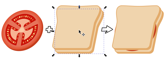 A slice of tomato is inserted right between two sandwich slices using paste on top of selection