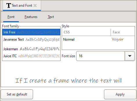 Font tab of the Text and Font dialog