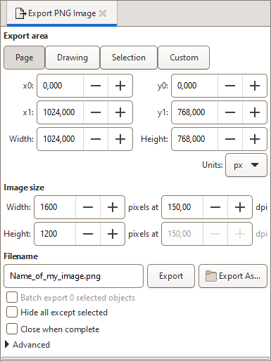PNG image export dialog